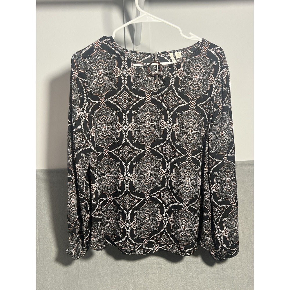 EST. 1946 Women's Blouse M Black White Peach Paisley Long Sleeve Keyhole Top‎